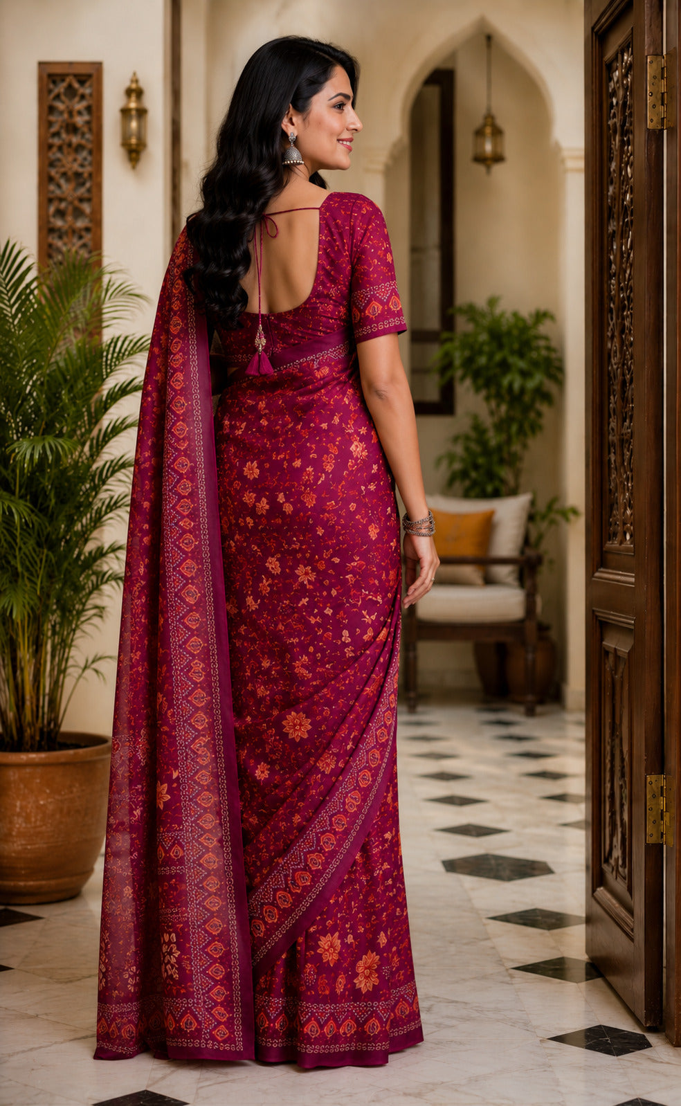 Dwija Fashion Maroon Party Wear Printed Linen Ready To Wear Saree With Unstitched Blouse