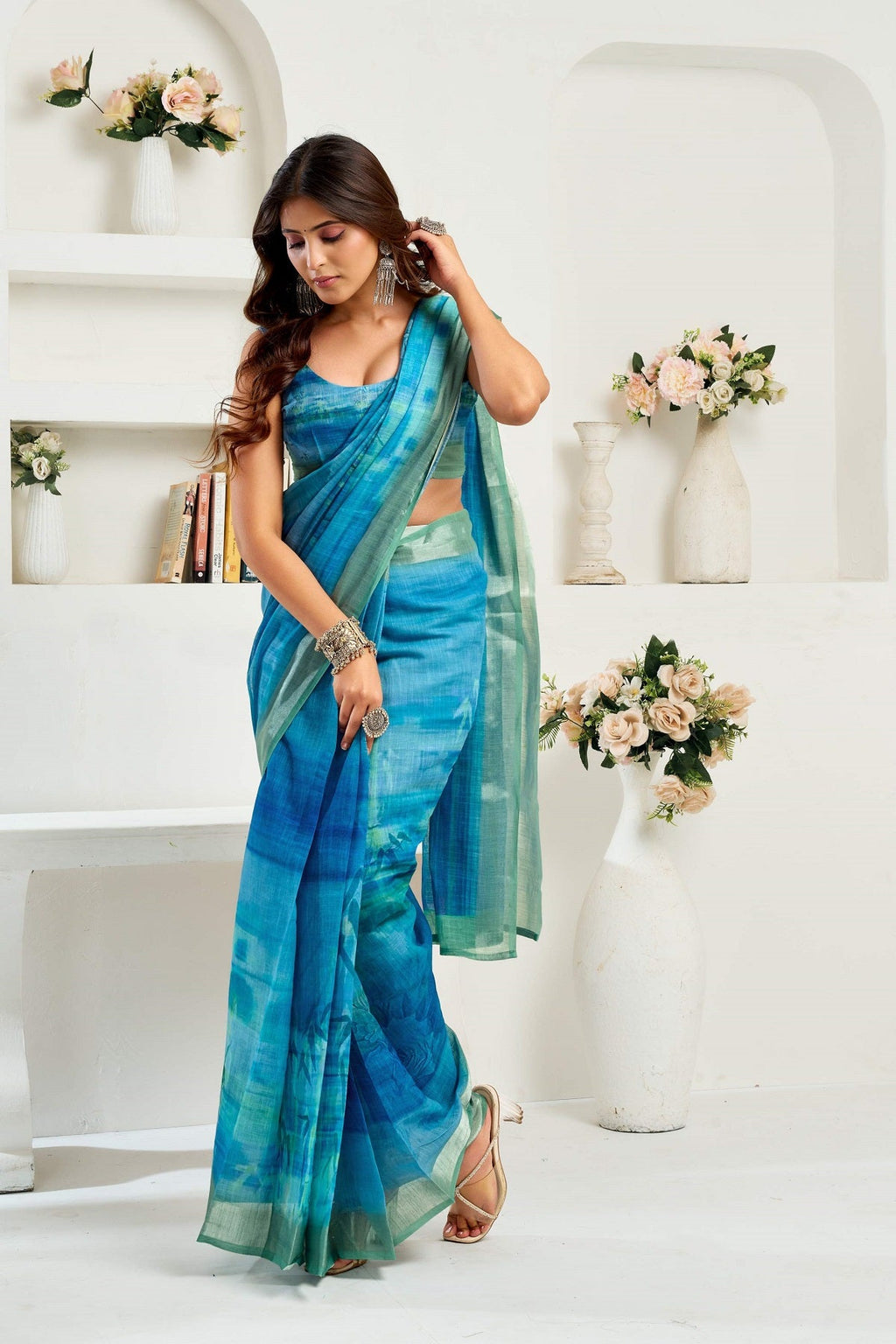 Dwija Fashion Blue Party Wear Printed Linen Ready To Wear Saree With Unstitched Blouse