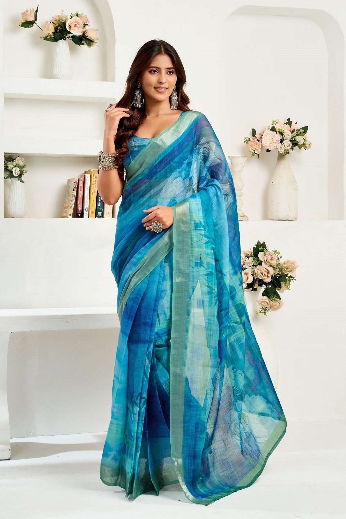 Dwija Fashion Blue Party Wear Printed Linen Ready To Wear Saree With Unstitched Blouse
