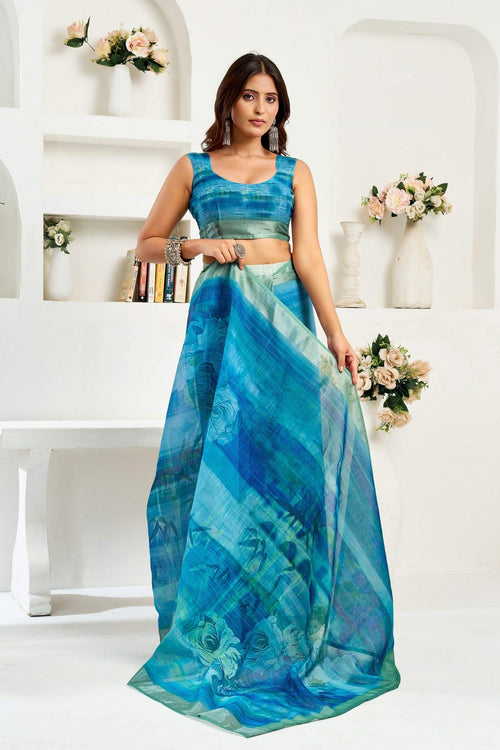 Dwija Fashion Blue Party Wear Printed Linen Ready To Wear Saree With Unstitched Blouse