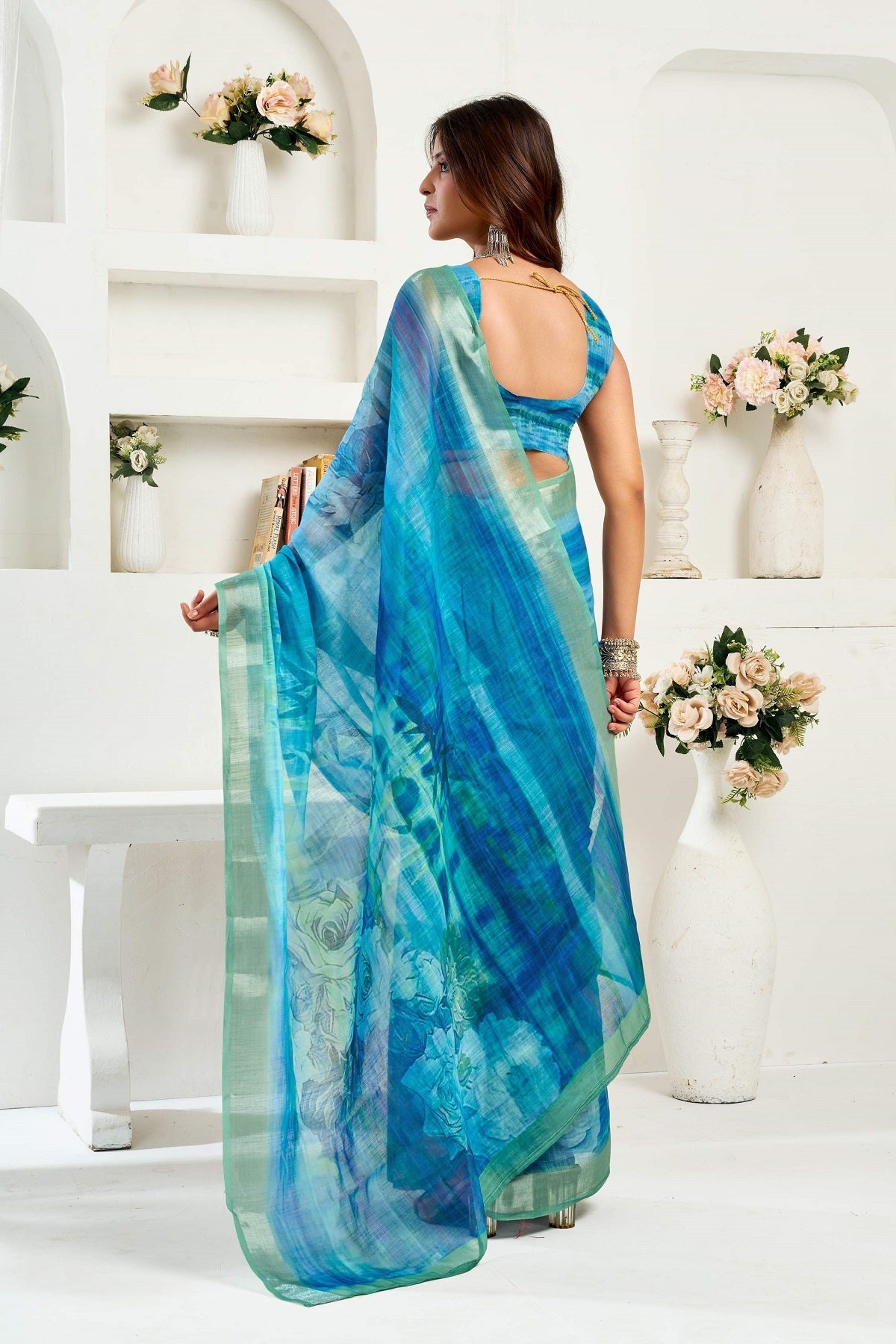 Dwija Fashion Blue Party Wear Printed Linen Ready To Wear Saree With Unstitched Blouse