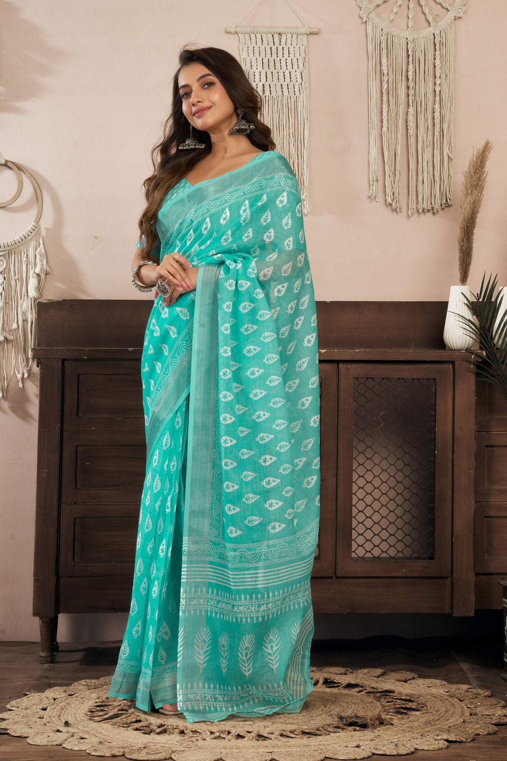 Dwija Fashion Turquoise Blue Party Wear Printed Linen Ready To Wear Saree With Unstitched Blouse