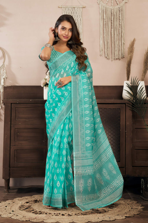 Dwija Fashion Turquoise Blue Party Wear Printed Linen Ready To Wear Saree With Unstitched Blouse