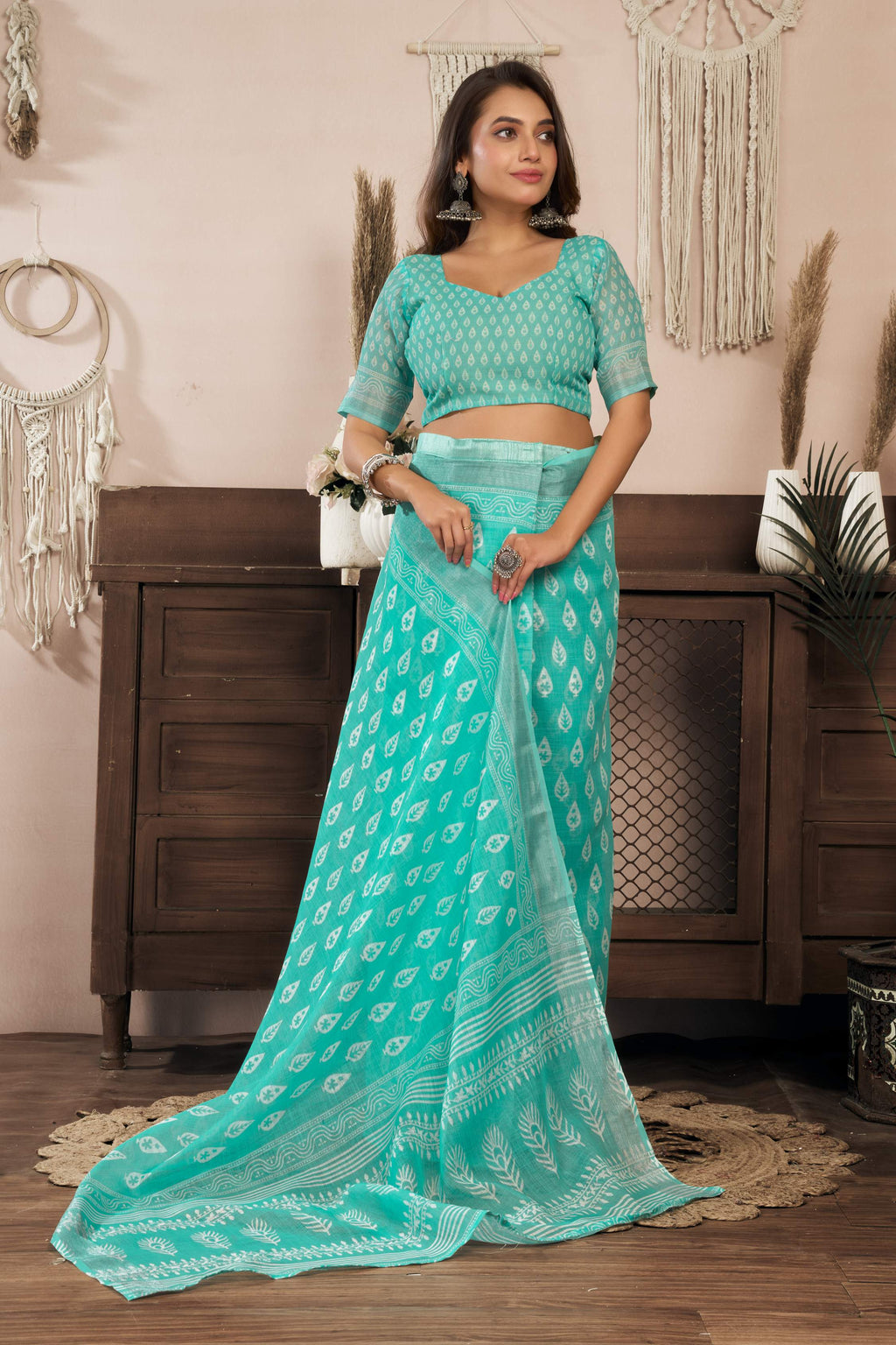 Dwija Fashion Turquoise Blue Party Wear Printed Linen Ready To Wear Saree With Unstitched Blouse