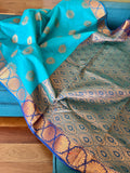 Turquoise Blue Blended Cotton Banarasi Saree with Gold Motif