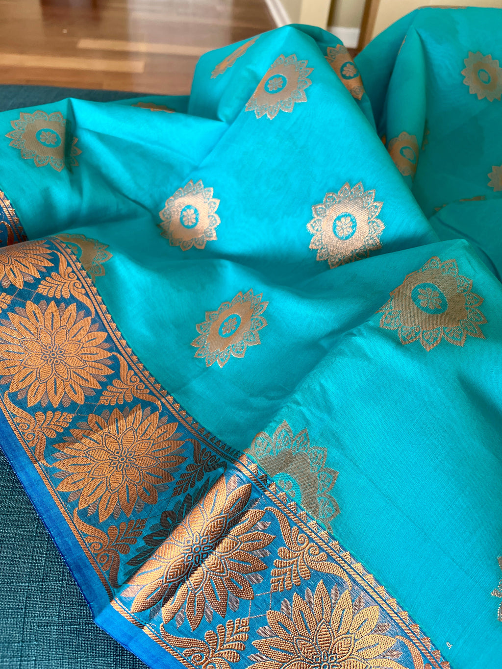 Turquoise Blue Blended Cotton Banarasi Saree with Gold Motif