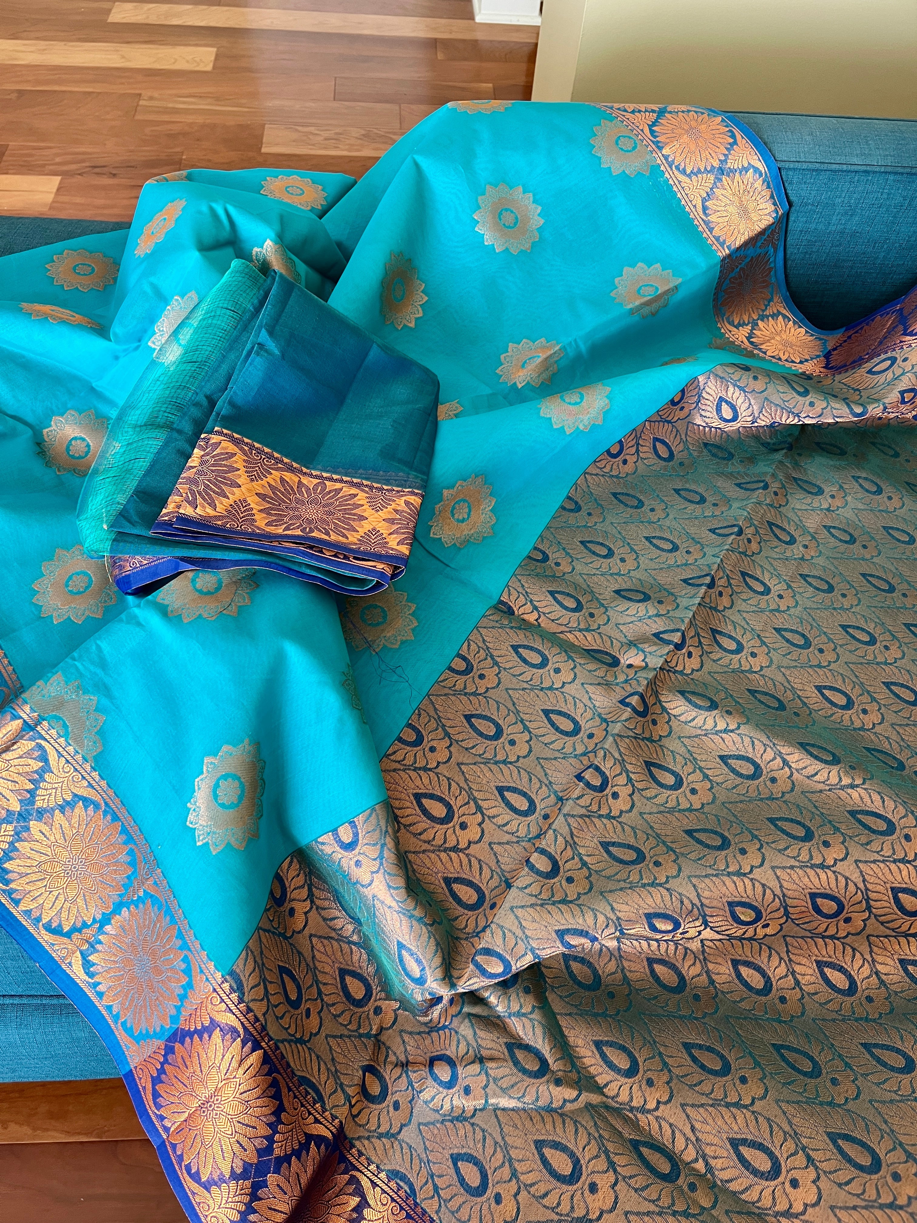 Turquoise Blue Blended Cotton Banarasi Saree with Gold Motif