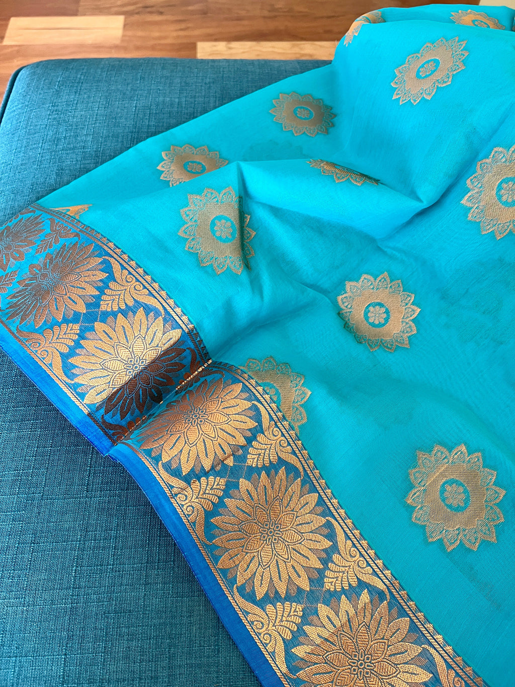 Turquoise Blue Blended Cotton Banarasi Saree with Gold Motif