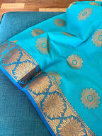 Turquoise Blue Blended Cotton Banarasi Saree with Gold Motif