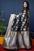 Jyoti Fashion Women's Black Handloom Banarasi Silk Zari Woven Saree with Blouse