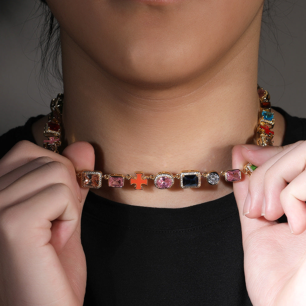 Exquisite diamond-encrusted colored gemstone bracelet and necklace