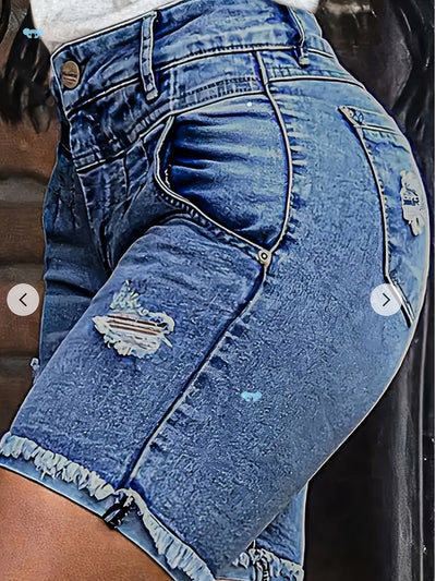 Women's Plus Size Ripped Denim Shorts High Stretch