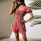 Romper Solid Color Bubble Sleeve Square Collar Backless Elastic Waist Jumpsuit