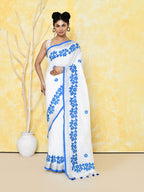 Piyari Fashion Women's White Exclusive Applique Saree With Blouse Piece