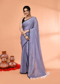 Piyari Fashion Grey Mulmul Cotton Saree With Tassels