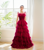 Spaghetti-straps Pleated bodice Ruffle Layered tutu soft tulle prom dress