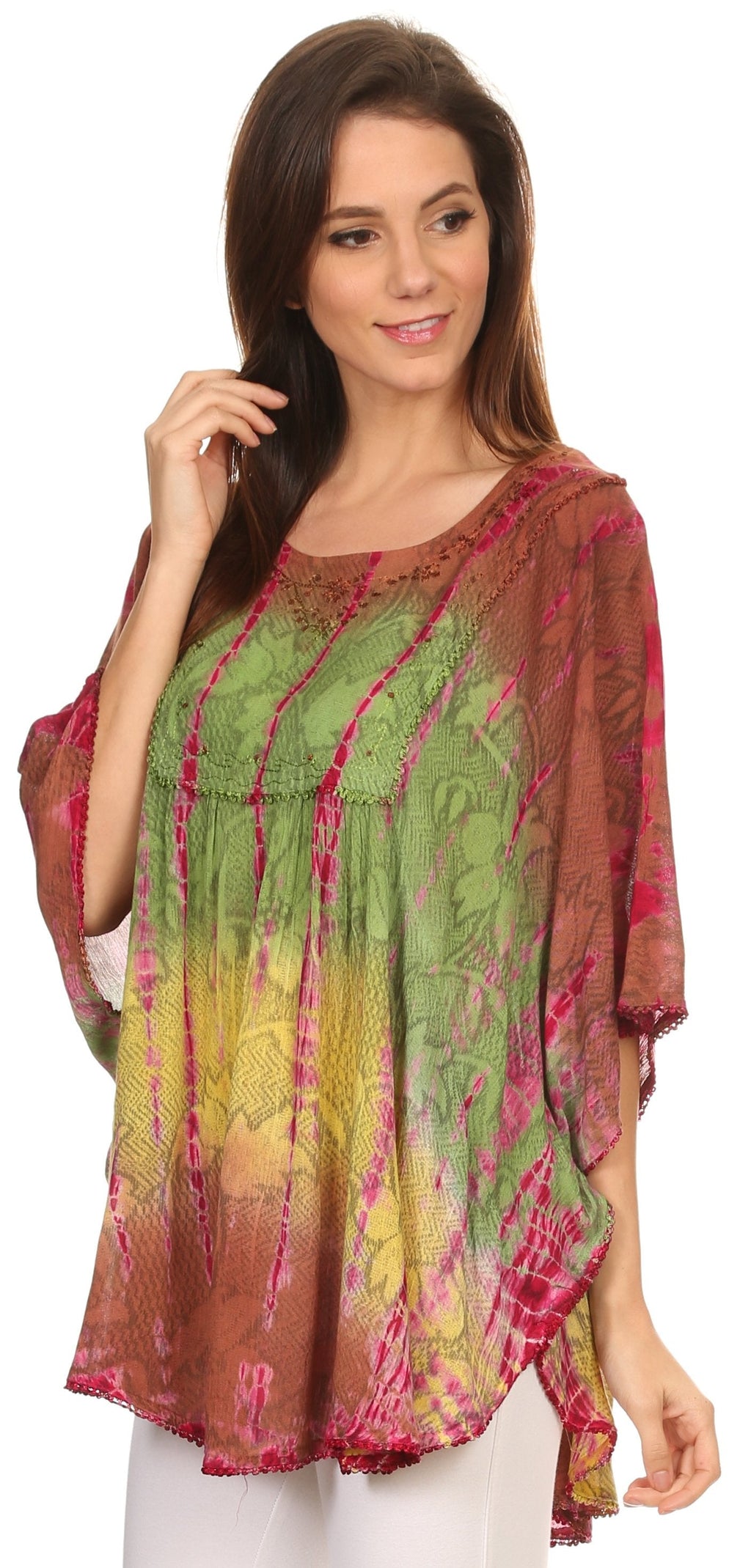 Sakkas Ellesa Ombre Tie Dye Circle Poncho Blouse Shirt Top With Sequin Embroidery
