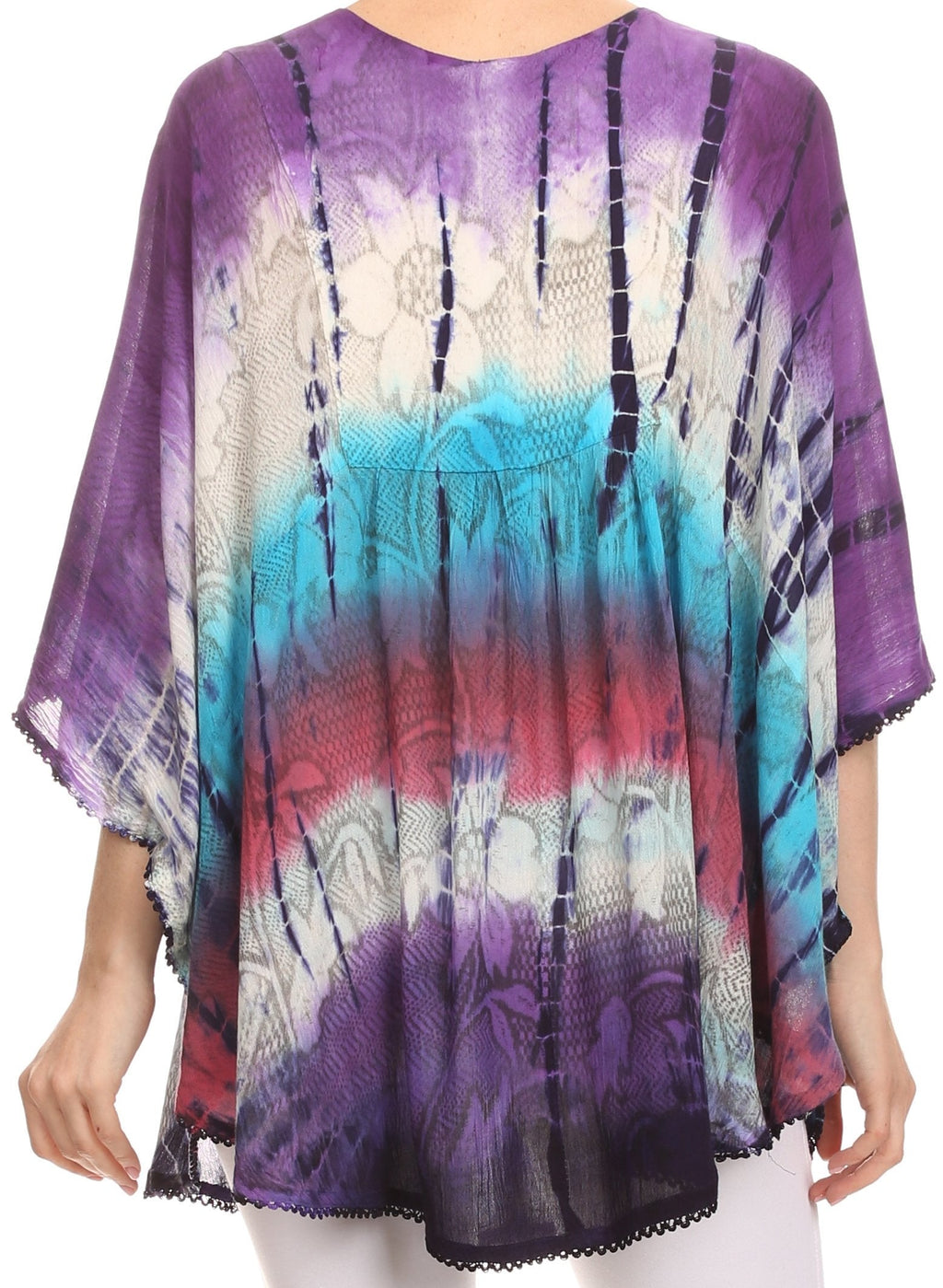 Sakkas Ellesa Ombre Tie Dye Circle Poncho Blouse Shirt Top With Sequin Embroidery