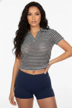 Women's Pineapple Knit Striped Polo Crop Top