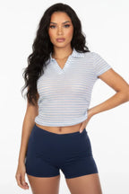 Women's Pineapple Knit Striped Polo Crop Top
