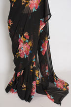 Nita : Black Floral Printed Chiffon Georgette Saree