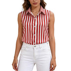 Retro Striped Vest Polo-neck Sleeveless Top
