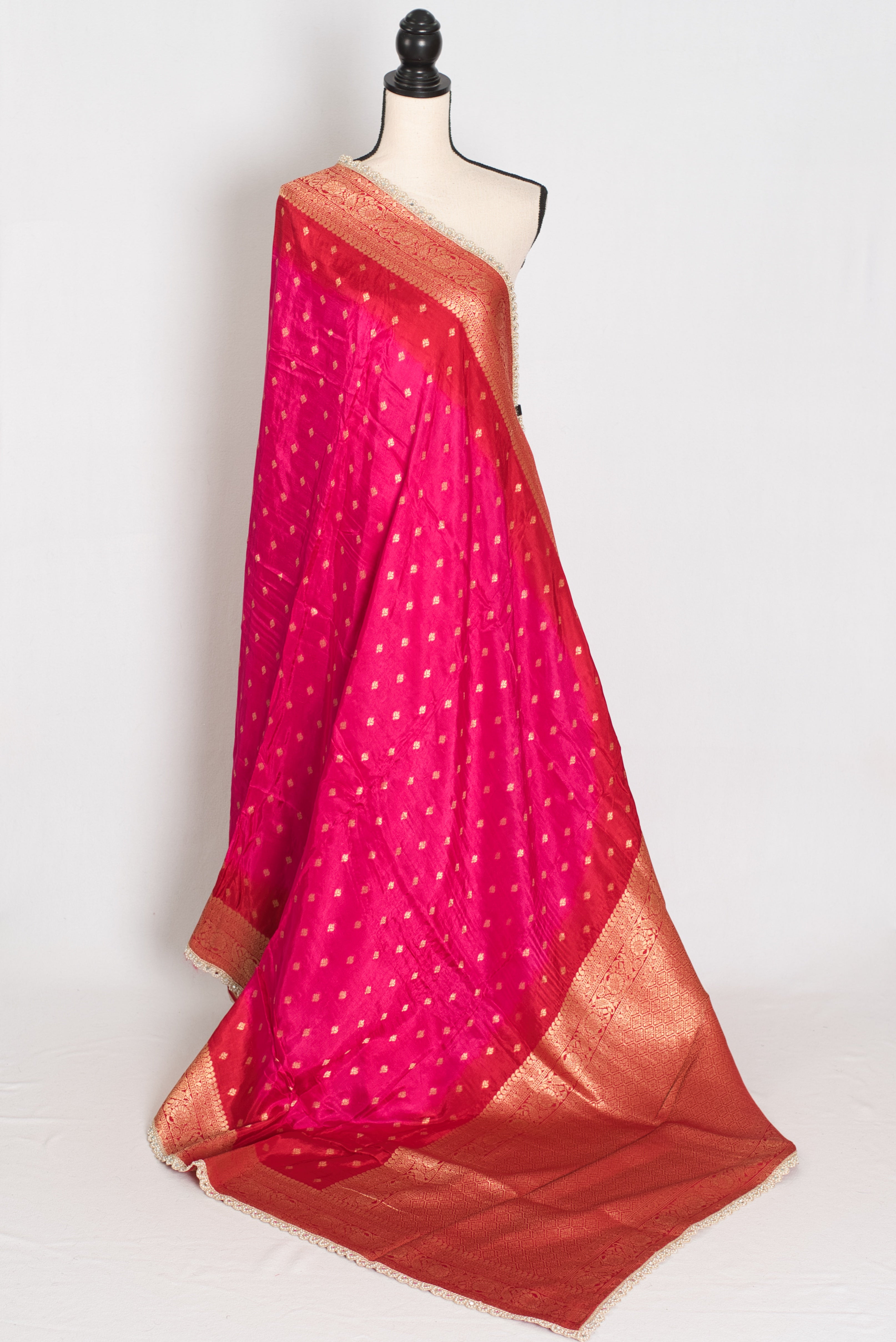 Harini | Pink & Red Dola Silk Banarasi Saree | Designer Stitched Lace Border