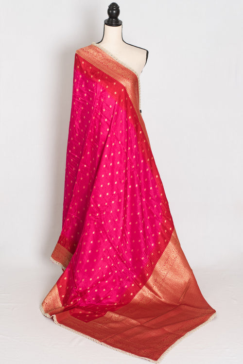Harini | Pink & Red Dola Silk Banarasi Saree | Designer Stitched Lace Border