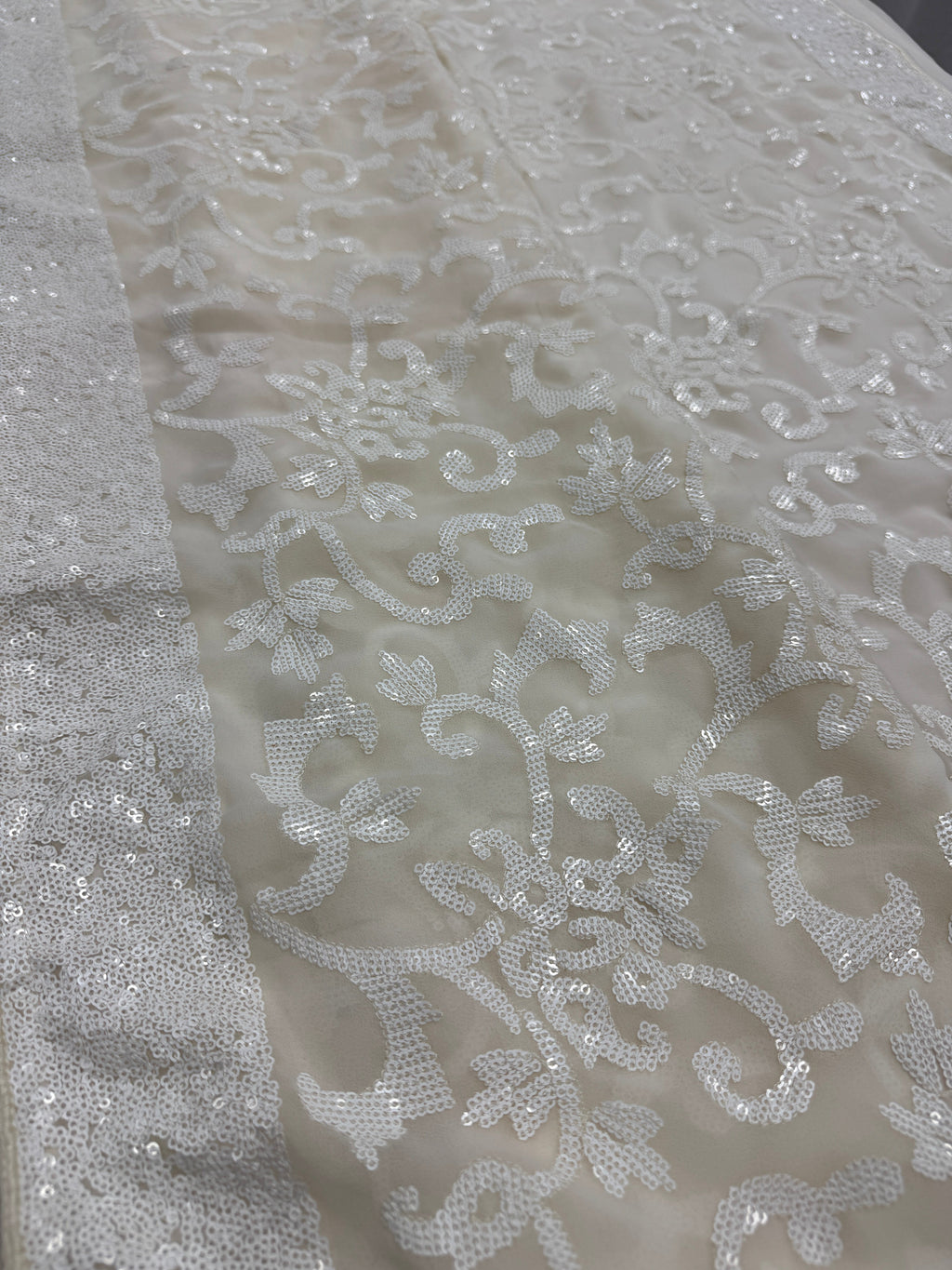 Damini | Ivory White Sequin Georgette Cocktail Saree | Classic Embroidery