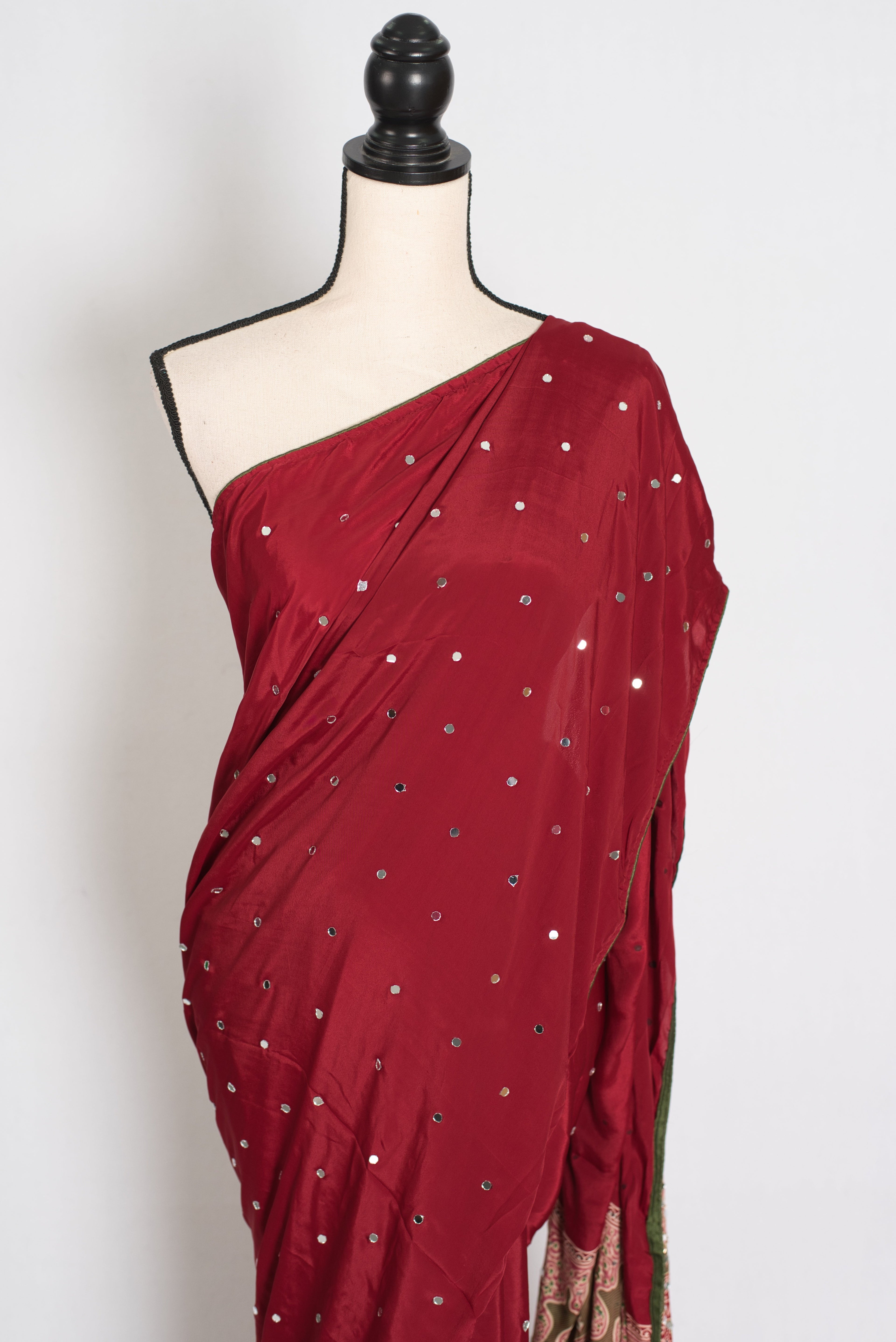 Mouli | Brick Red Mirror Work Partywear Ajrakh Saree | Soft Semi Modal Silk