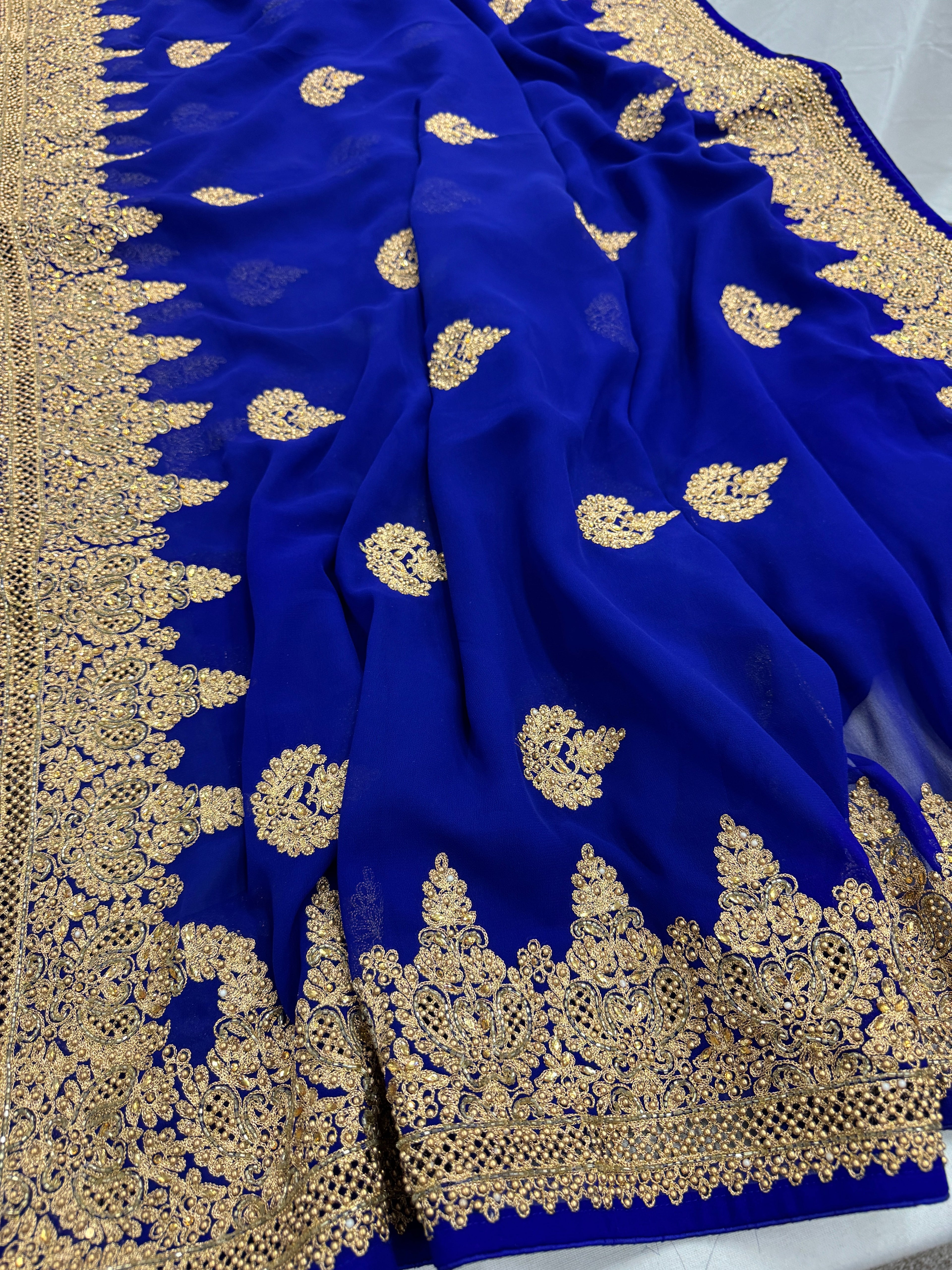 Tanima | Royal Blue and Gold Georgette Bridal Saree | Bollywood Partywear