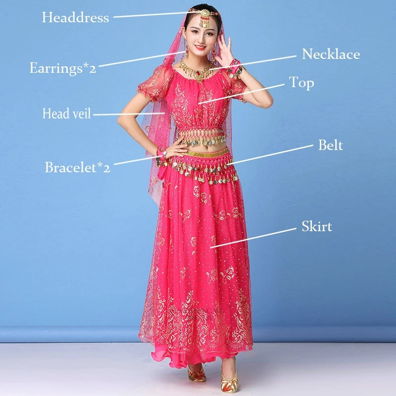 Bollywood Dress Costume Women Indian Dance Set Belly Dance Sari Clothing Belly Dance Performance Clothes Chiffon Dance Set New