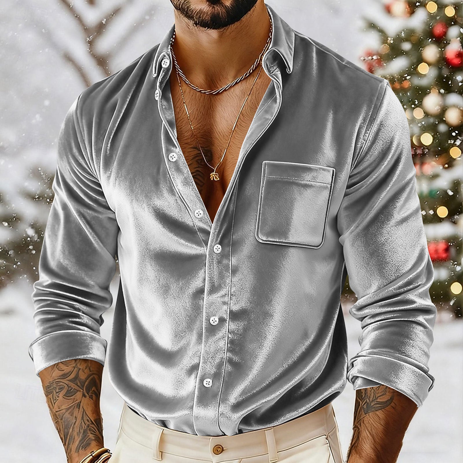 Mens Gold Velvet Button-Up Shirt