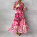 Long-sleeved Floral Print Dress Elegant V-neck Pleated High-waisted Big Swing Chiffon Maxi Dresses For Women Clothing