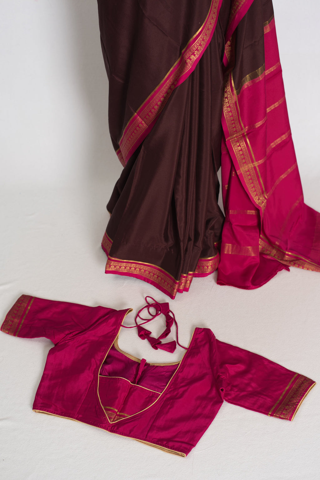 Devi : Brown and Pink Pure Mysore Crepe Silk Saree with 38 Size Stitched Blouse
