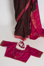 Devi : Brown and Pink Pure Mysore Crepe Silk Saree with 38 Size Stitched Blouse