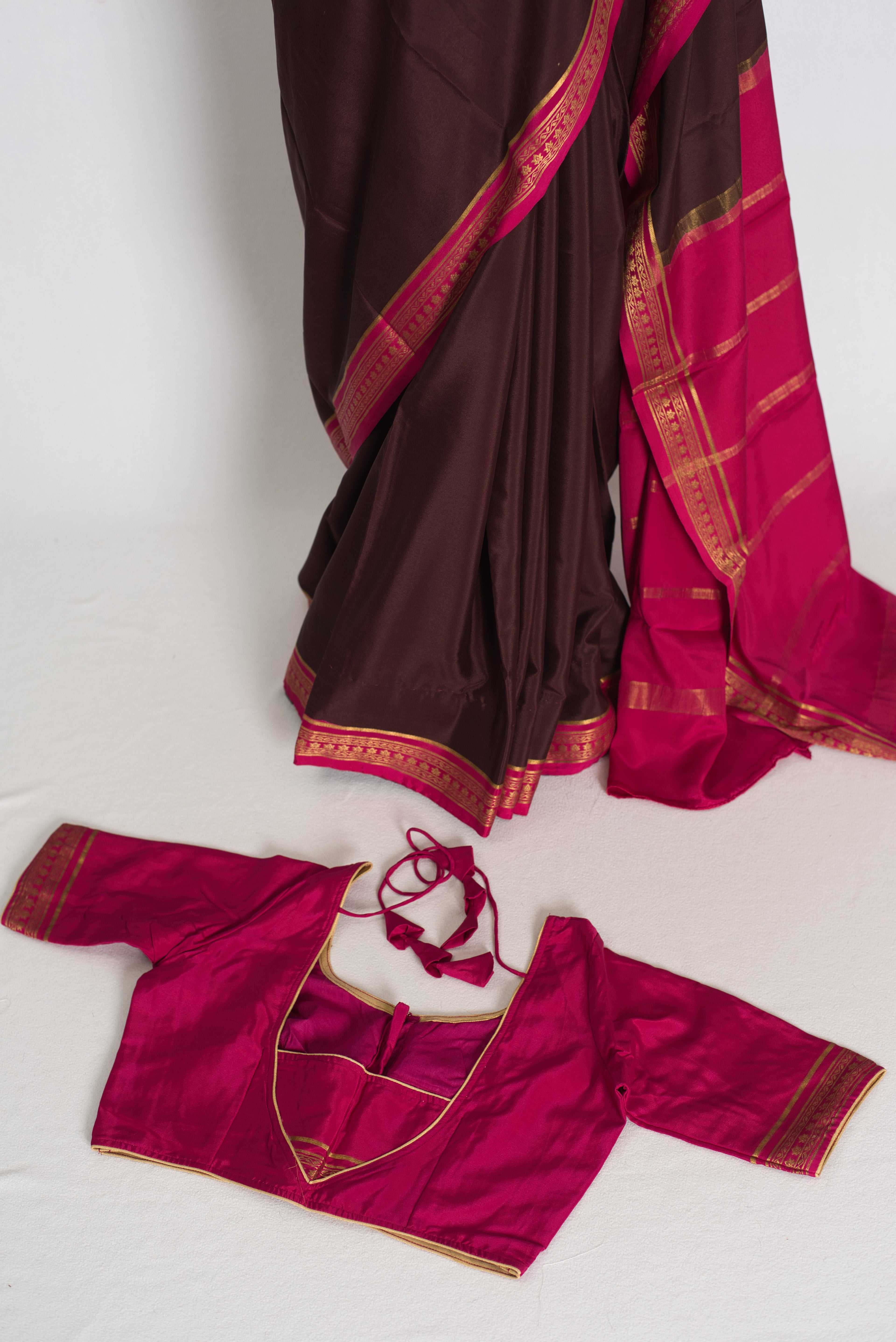 Devi : Brown and Pink Pure Mysore Crepe Silk Saree with 38 Size Stitched Blouse