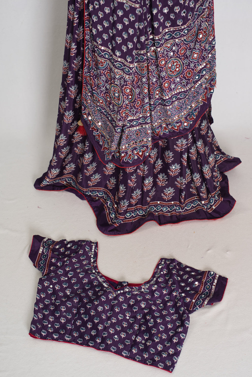 Parul | Purple Ajrakh Print Lehenga Saree with Stitched Blouse