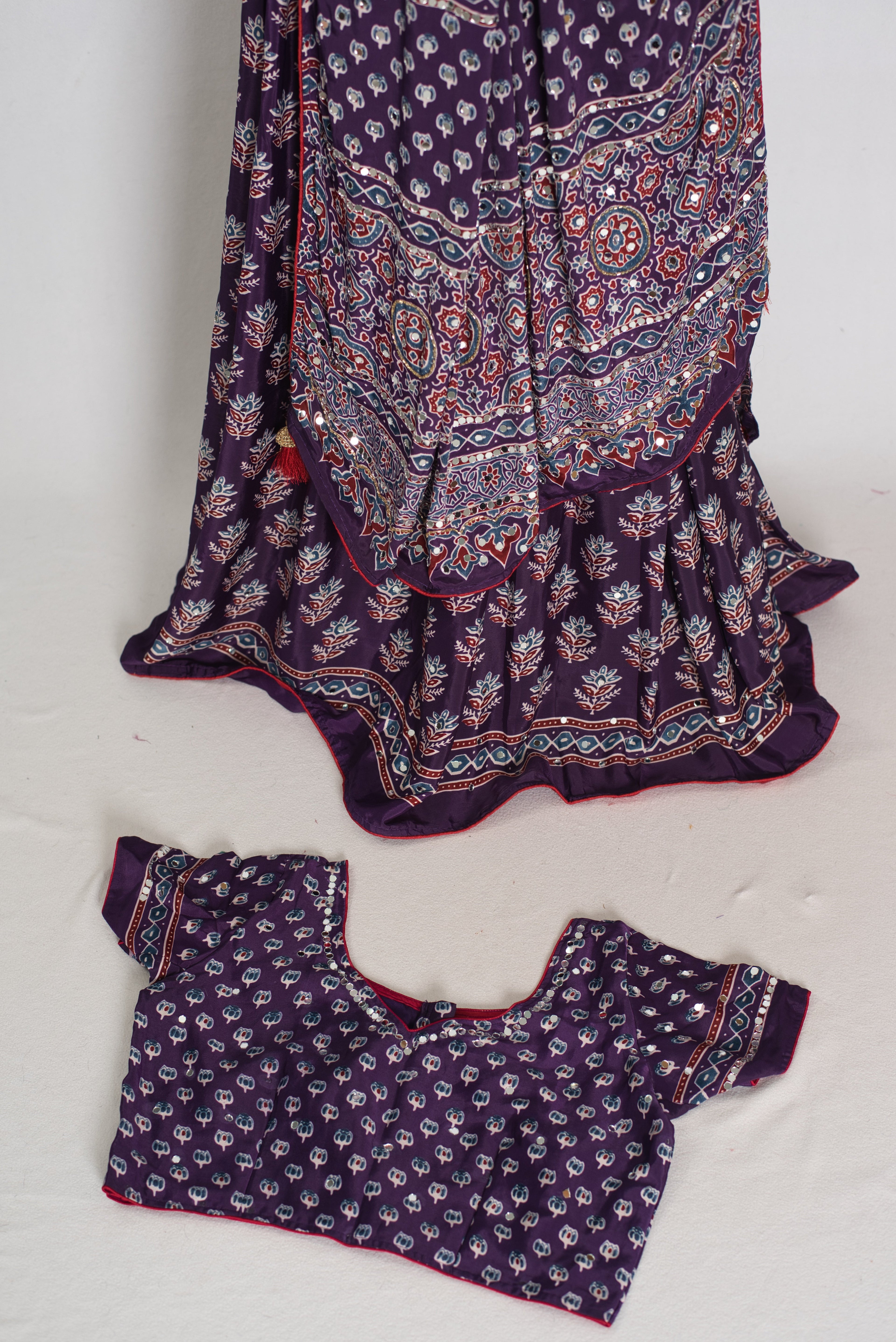 Parul | Purple Ajrakh Print Lehenga Saree with Stitched Blouse