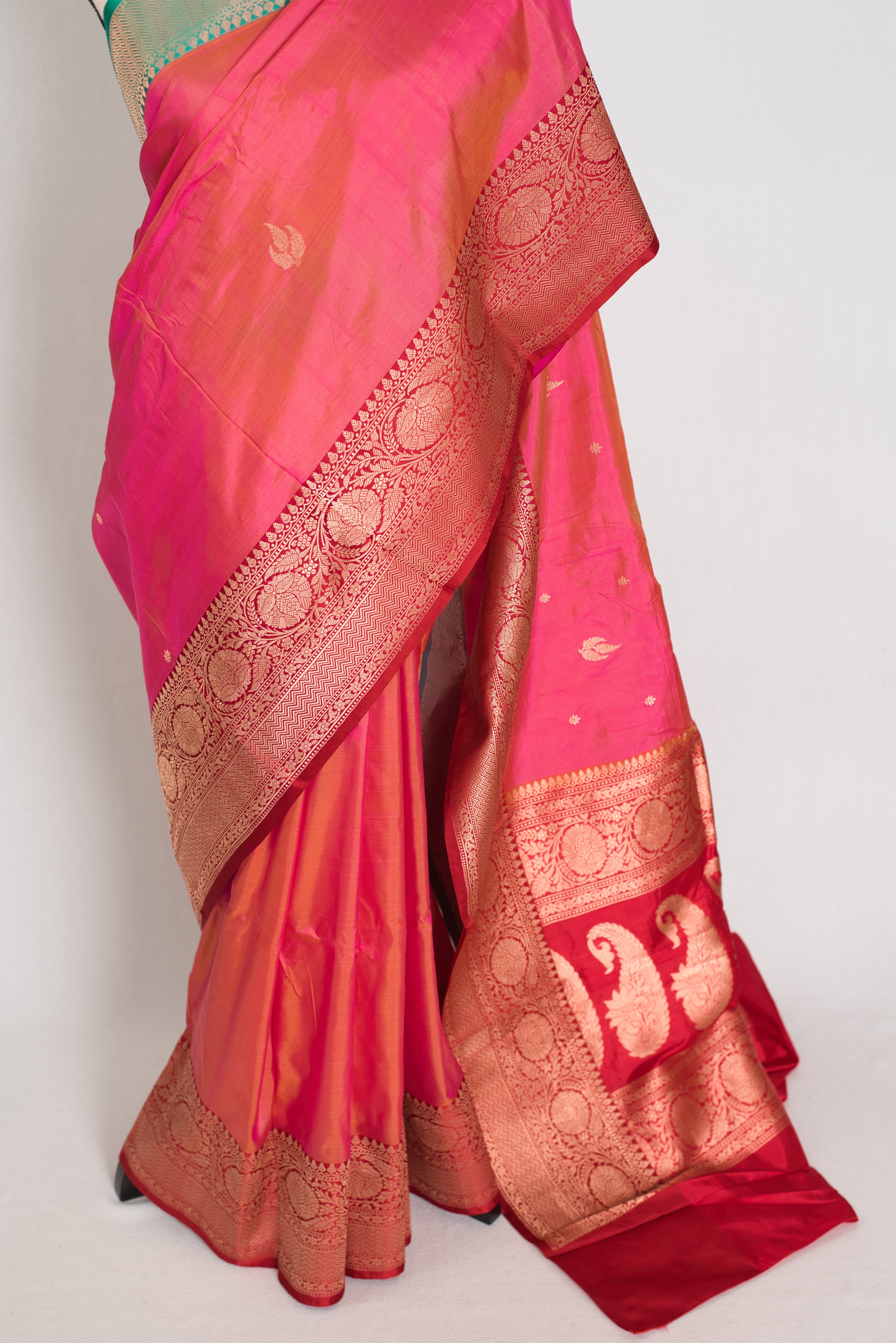 Vibha | Dual-Shade Pink Banarasi Silk Saree with 36 Size Ready-Stitched Blouse