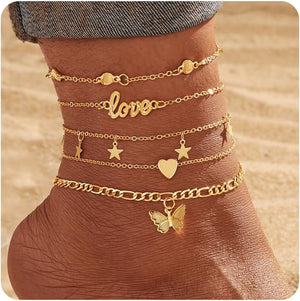 Gold Anklets for Women, Adjustable Layered Charm Ankle Chains