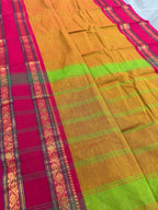Vrinda : Handwoven Kanchi Cotton Saree in Orangish Yellow with Rani Pink