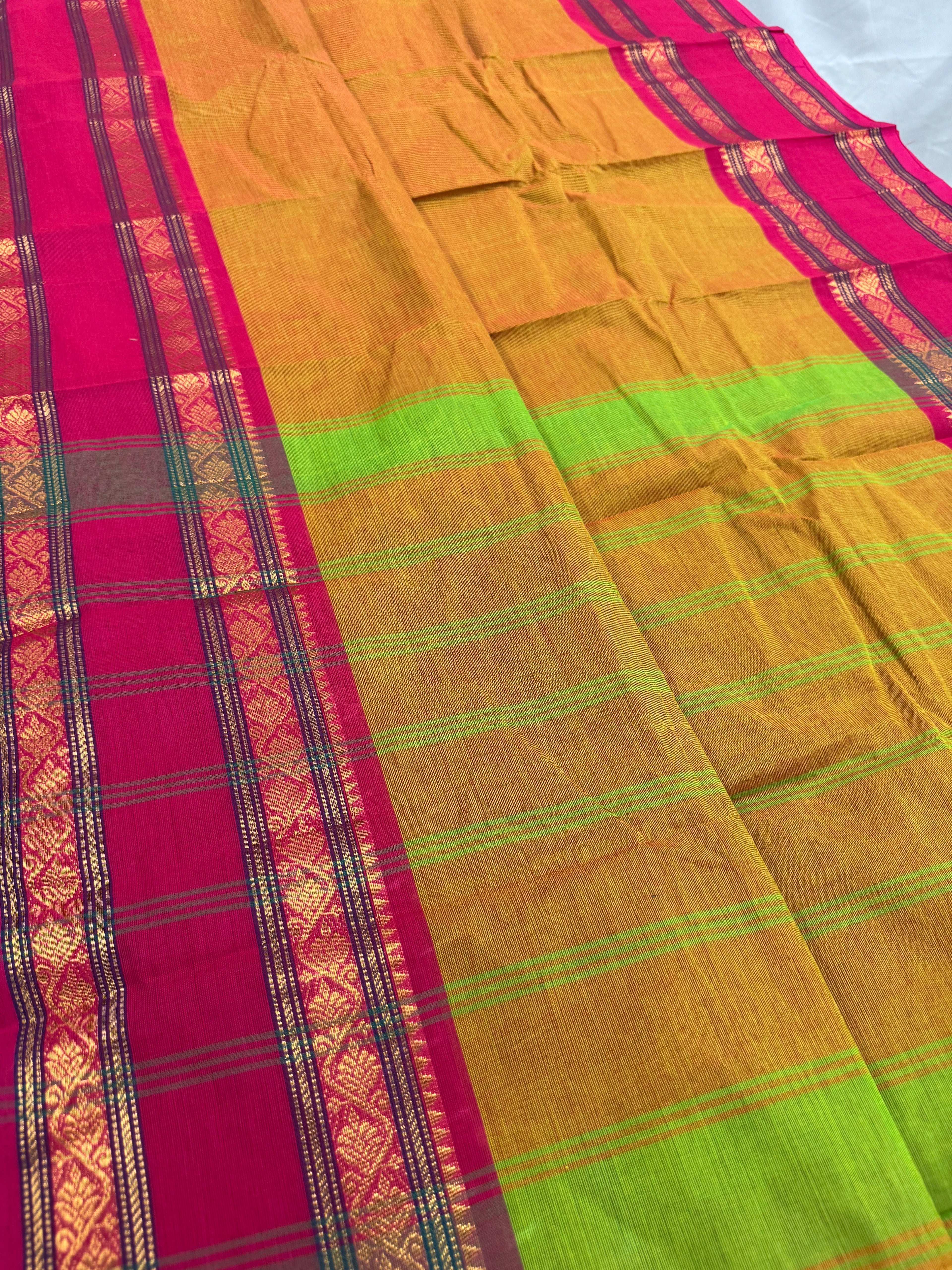 Vrinda : Handwoven Kanchi Cotton Saree in Orangish Yellow with Rani Pink