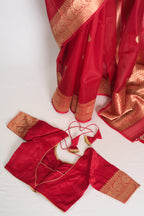 Ishq : Red and Gold Kora Organza Banarasi Saree with Stitched Blouse (Size 36)