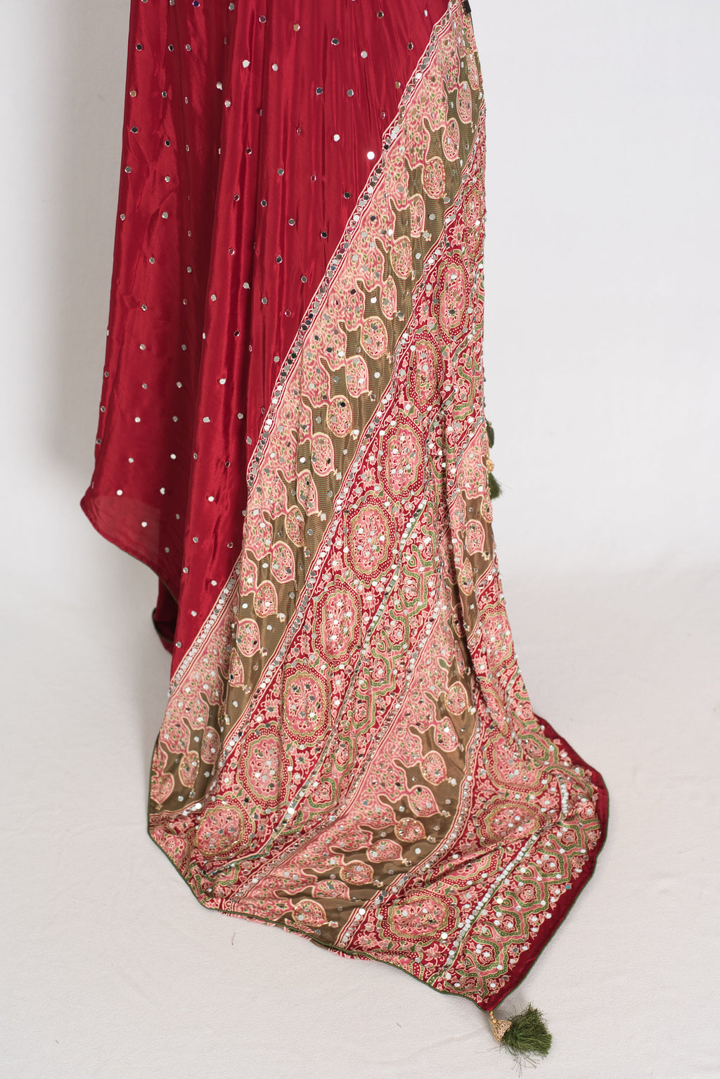 Mouli | Brick Red Mirror Work Partywear Ajrakh Saree | Soft Semi Modal Silk