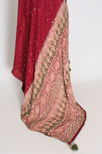 Mouli | Brick Red Mirror Work Partywear Ajrakh Saree | Soft Semi Modal Silk