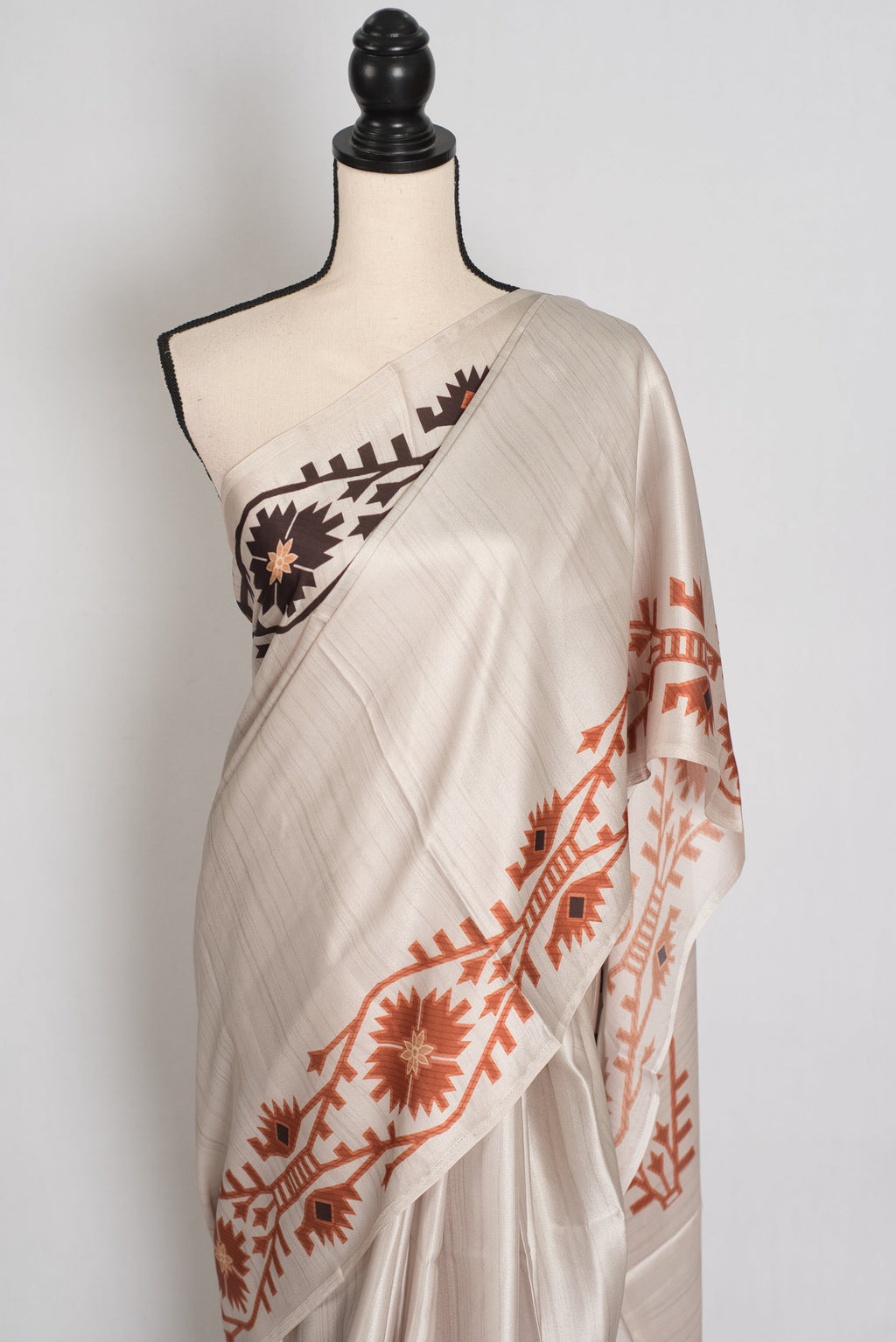 Rita | Cement White Soft Satin Saree with Traditional Kolka Prints
