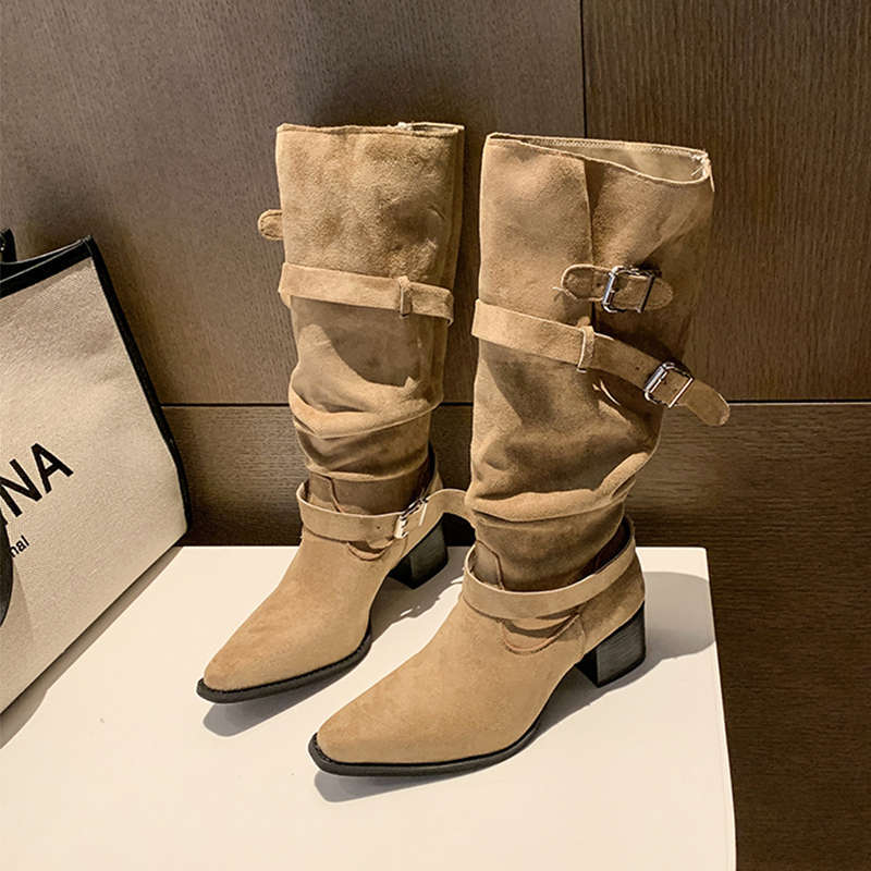 Womens Suede Pointed Toe Chunky Heel Ankle Boots