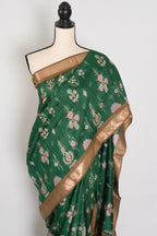 Ahalya | Forest Green Pure Muga Tussar Silk Saree | Contemporary Abstract Prints