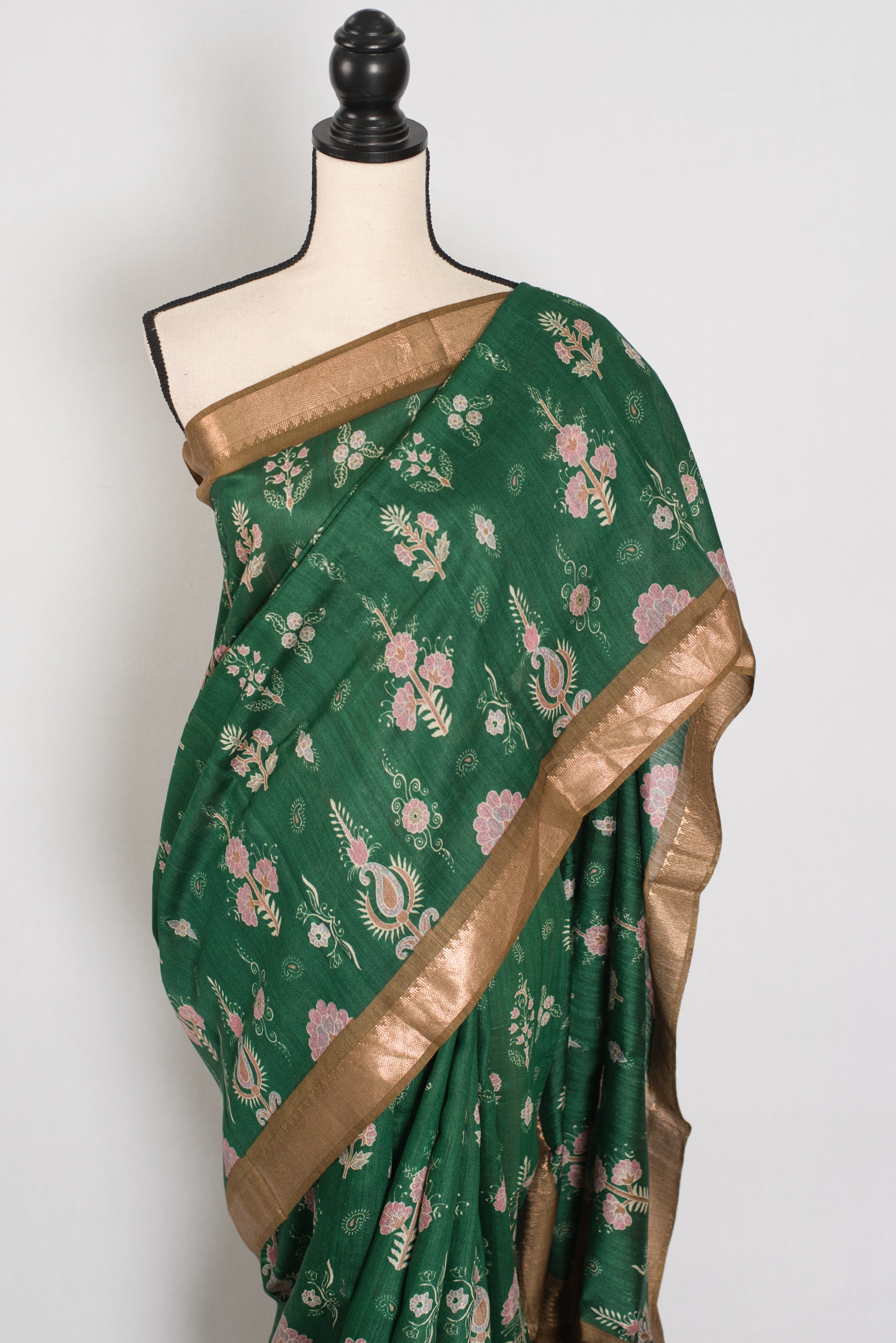 Ahalya | Forest Green Pure Muga Tussar Silk Saree | Contemporary Abstract Prints